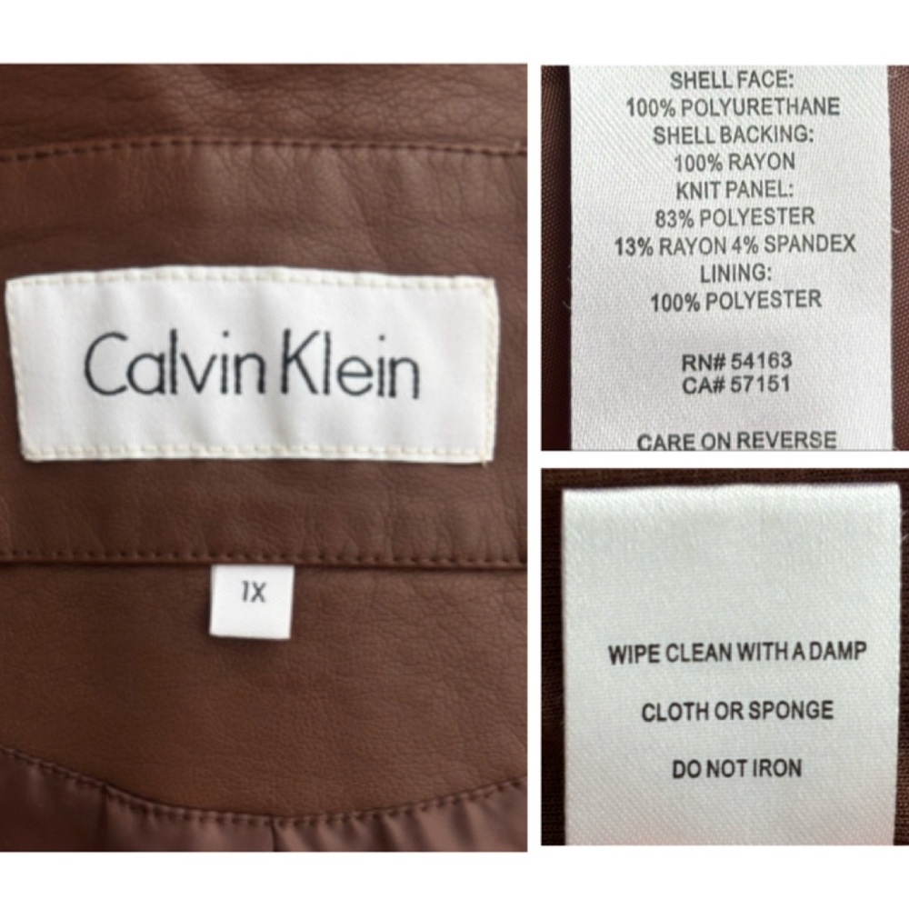 Calvin Klein Brown Leather Jacket Bomber Moto Bikercore Dress Coat Plus Size 1X - Picture 10 of 16